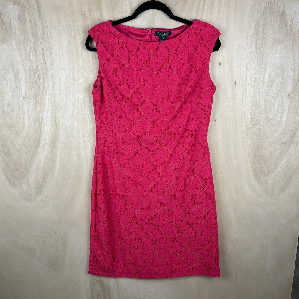 Lauren Ralph Lauren Pink Lace Mini Dress 8 Sleeveless Boatneck Spring